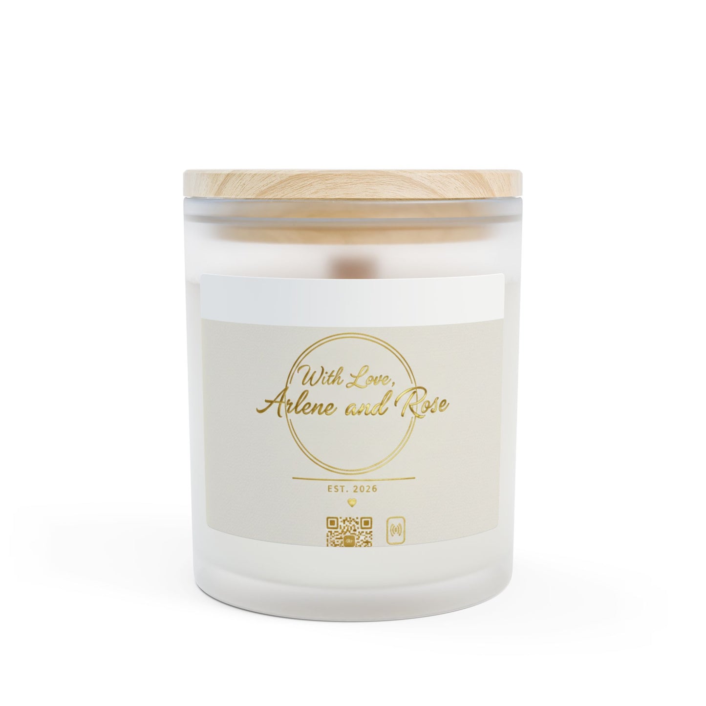 Frosted Glass Candle – ‘With Love, Arlene and Rose’ 11oz Scented Candle (Wood Lid)