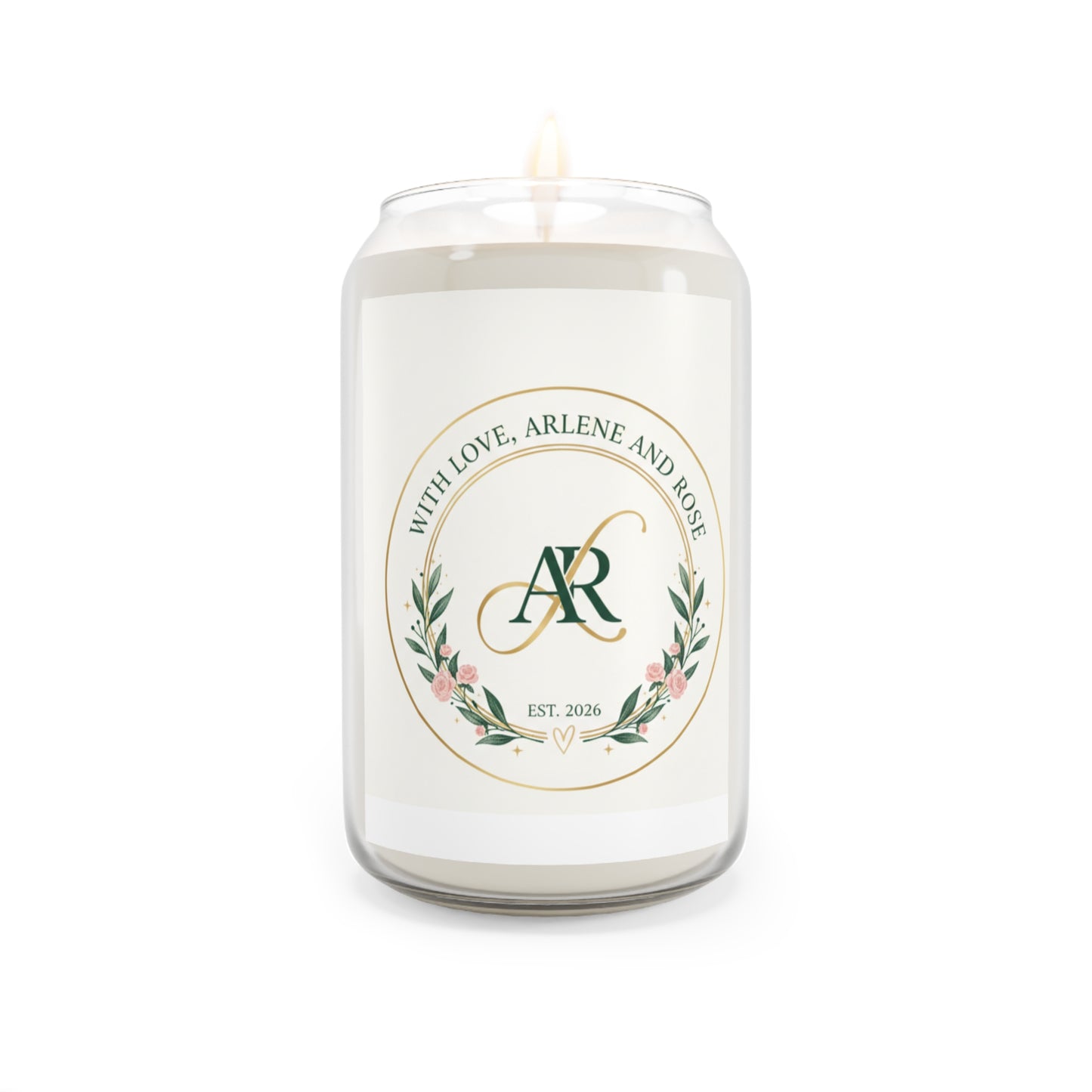 Personalized Soy Candle 13.75oz — Monogram 'AR' with Floral Wreath, Est. 2026 (Custom Message)