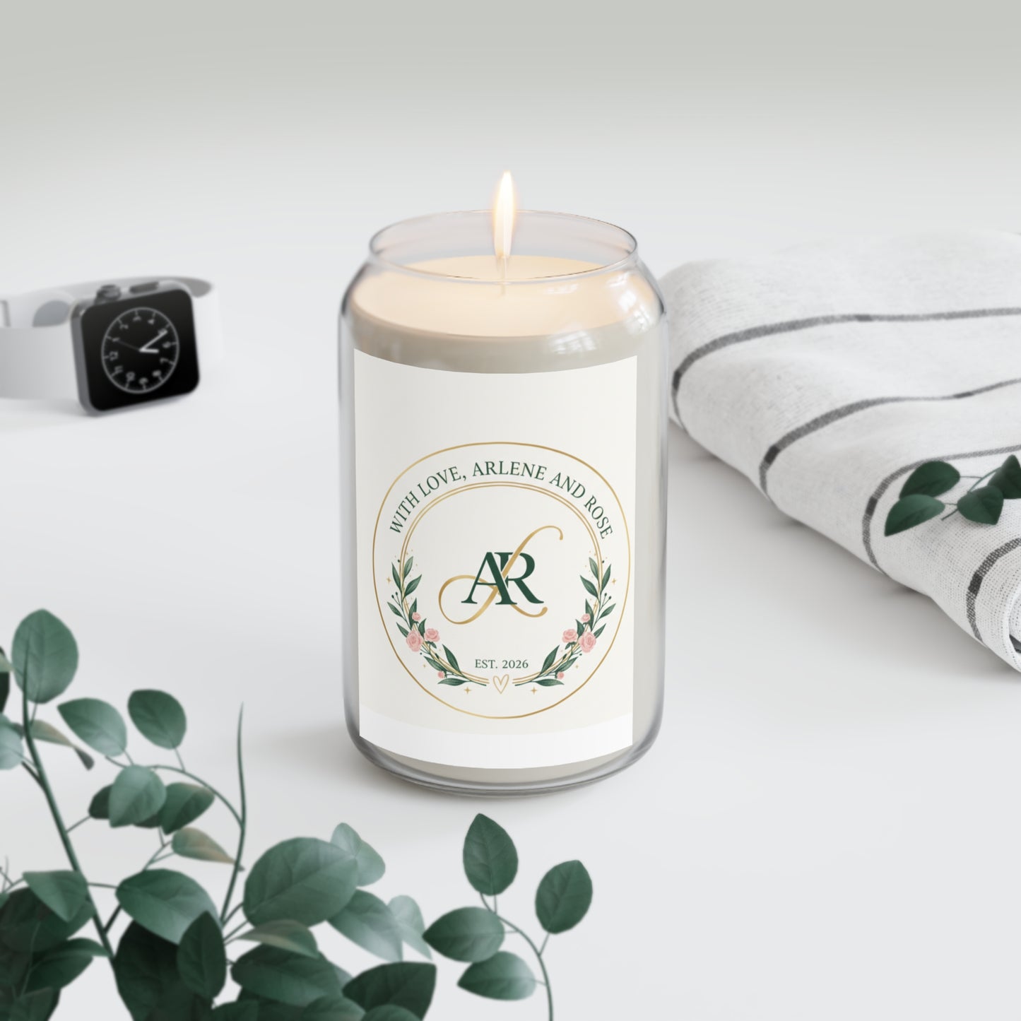 Personalized Soy Candle 13.75oz — Monogram 'AR' with Floral Wreath, Est. 2026 (Custom Message)
